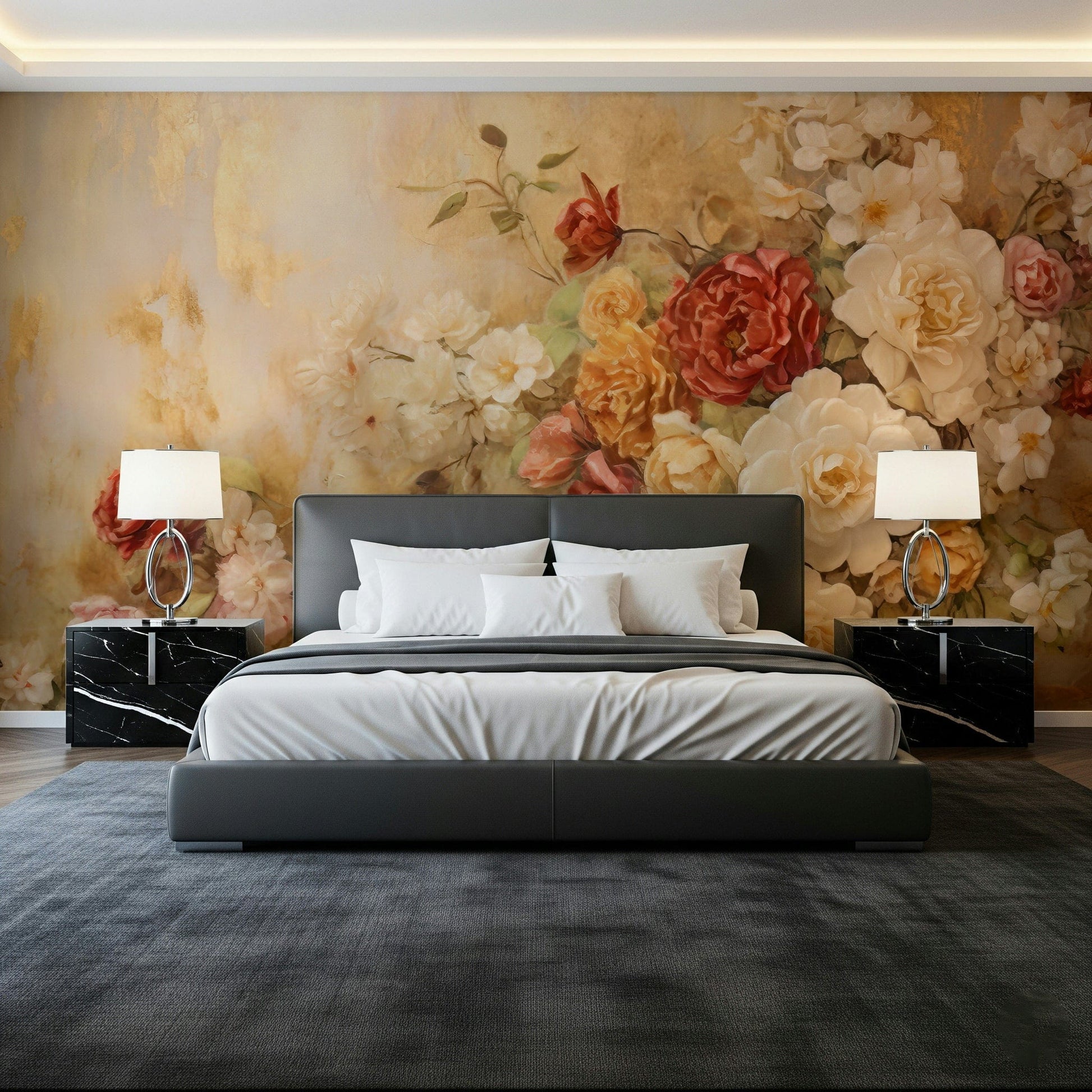A serene subtle flower wall mural with gold accents.

