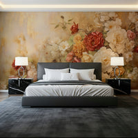 A serene subtle flower wall mural with gold accents.


