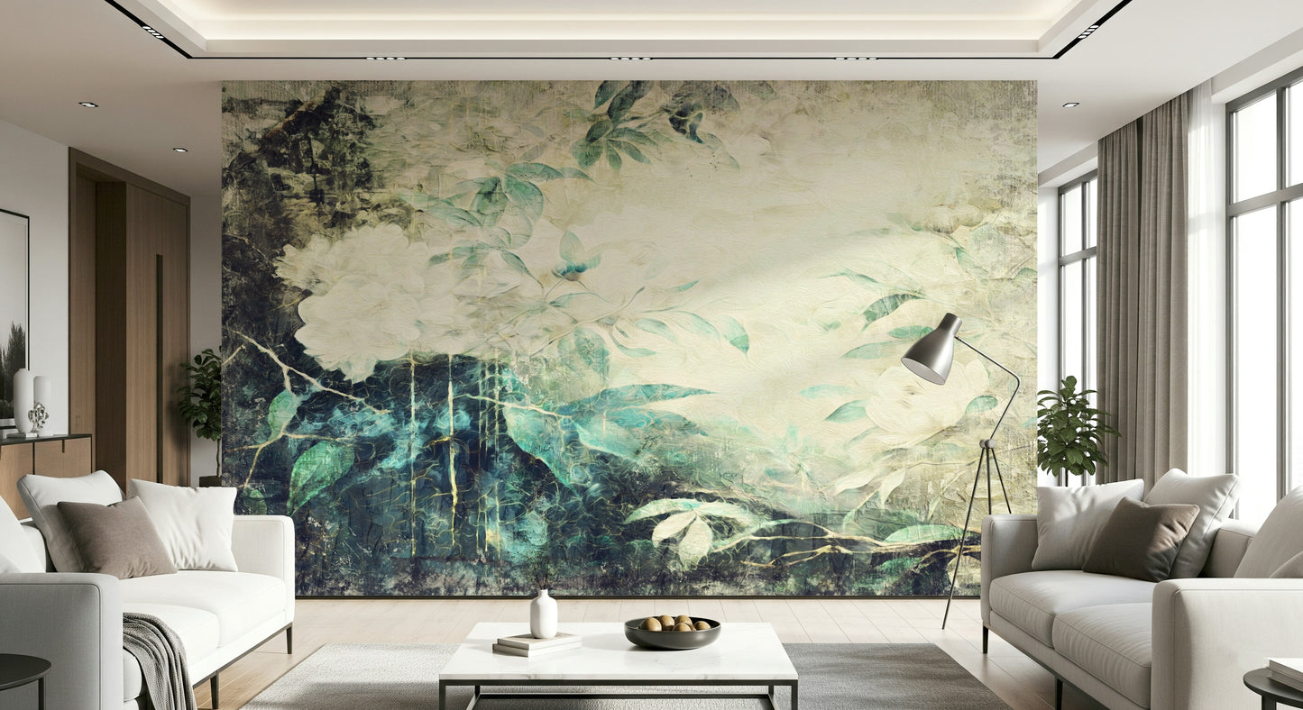 An artistic delicate bloom mural on distressed wallpaper.
