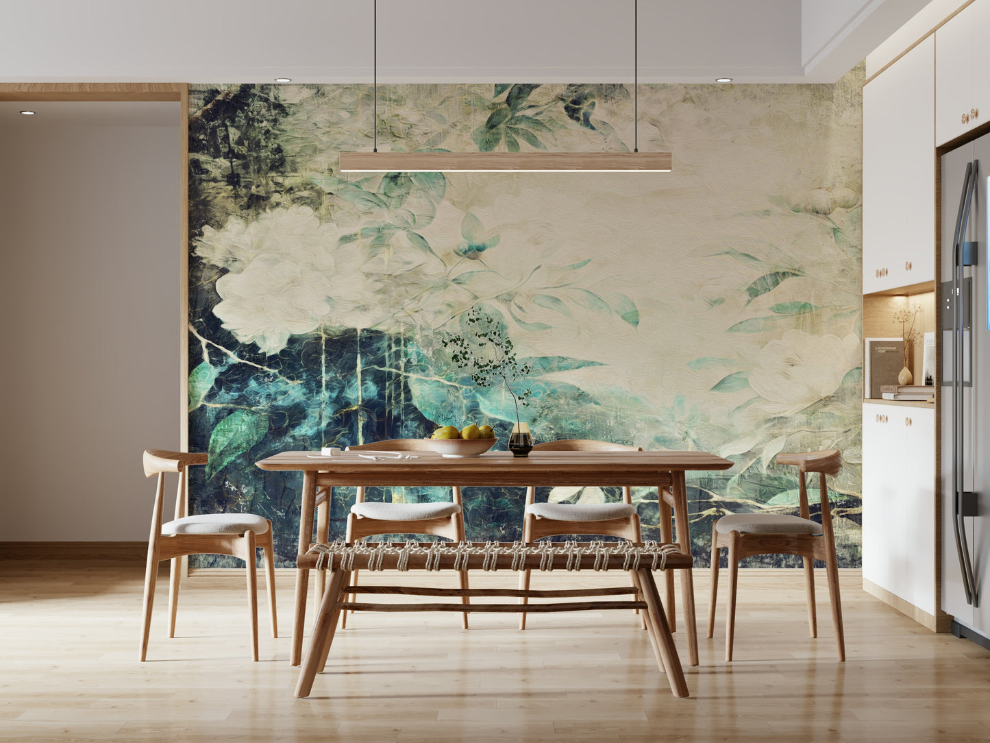 A contemplative floral pattern wallpaper mural for a feature wall.