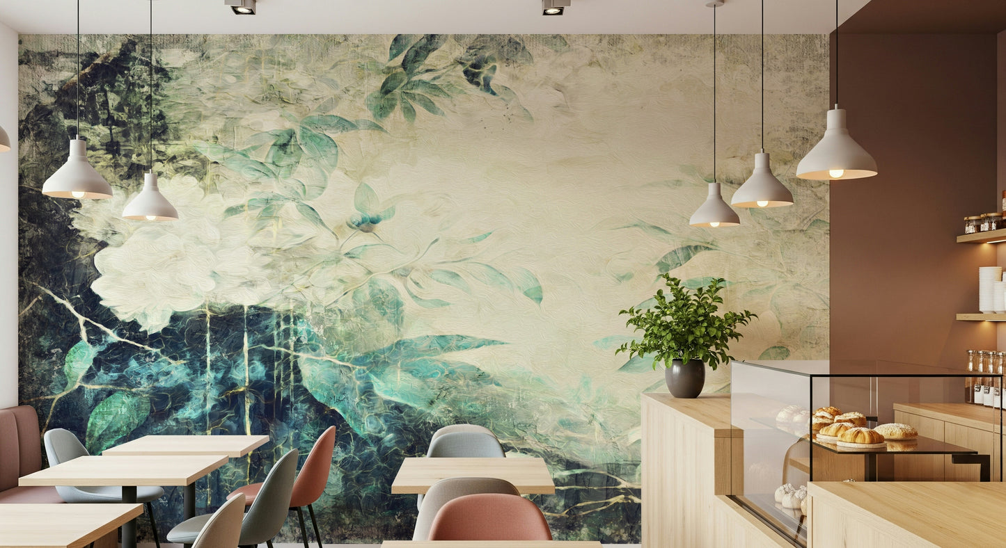 A beautiful distressed floral wallpaper mural for a modern home.