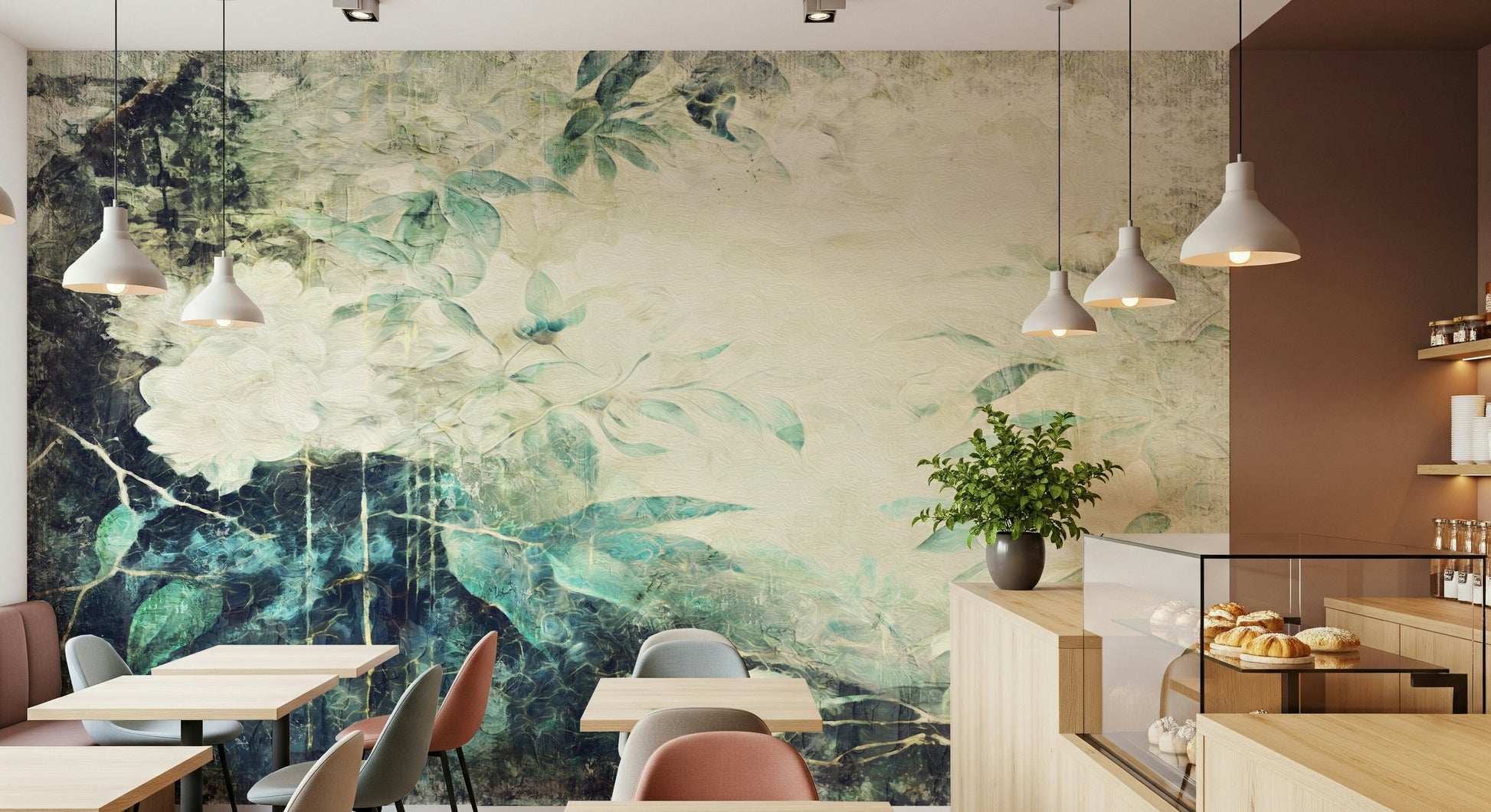 A beautiful distressed floral wallpaper mural for a modern home.