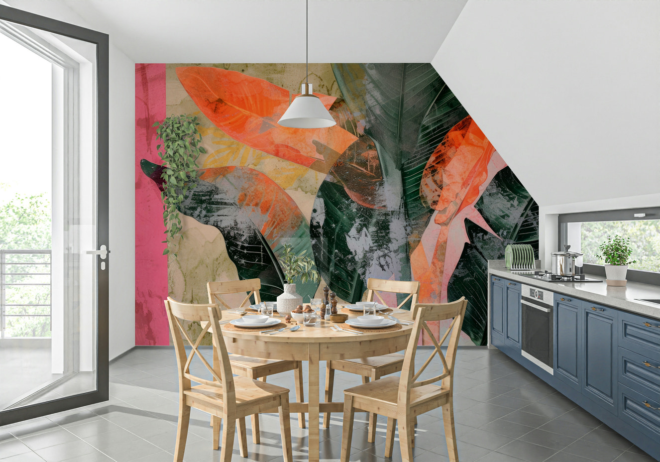 A beautiful tropical leaf wallpaper mural with subtle patterns.
