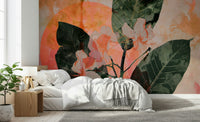 A peaceful flower design mural on decorative wallpaper.