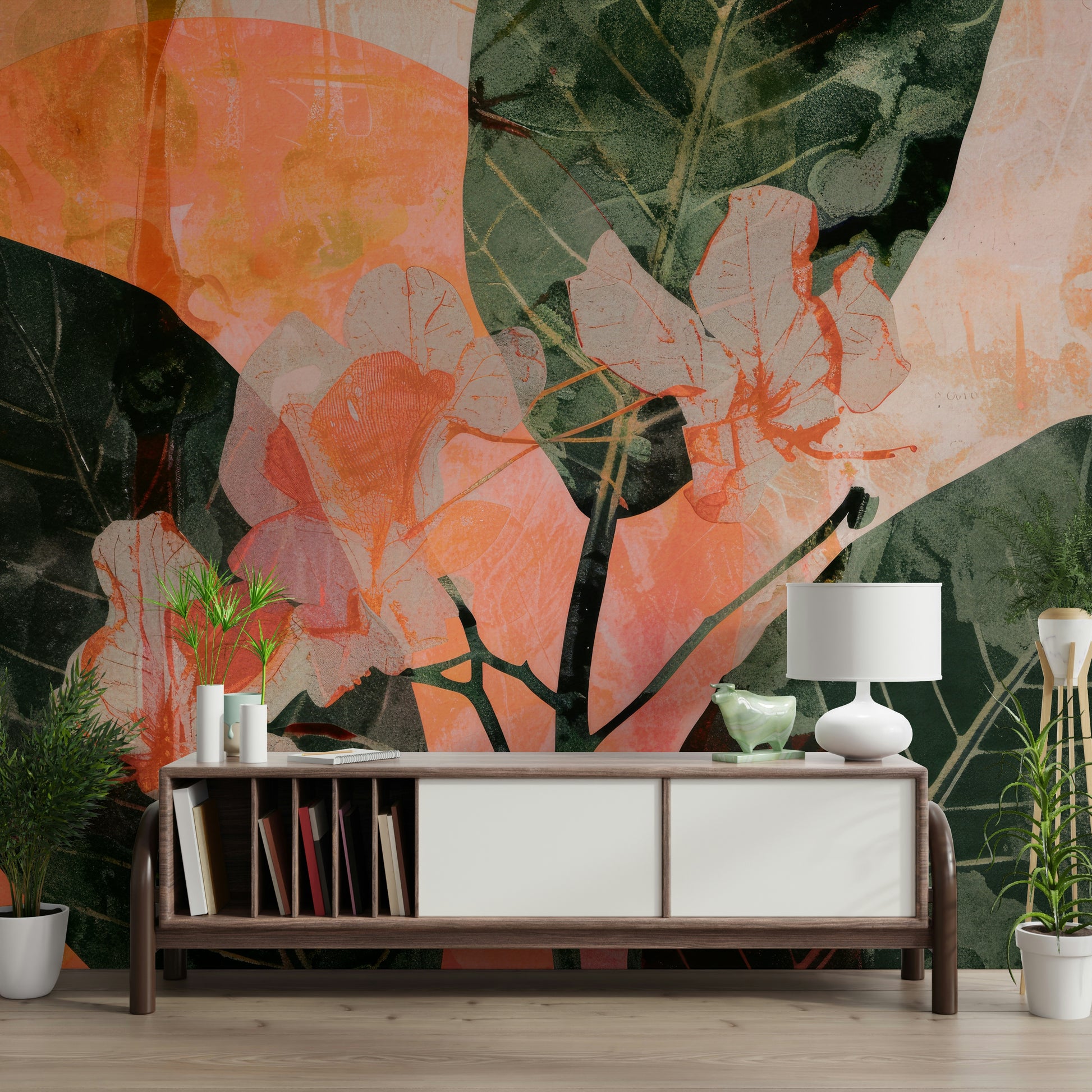 A beautiful subtle floral wallpaper mural with green and white blooms.