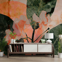 A beautiful subtle floral wallpaper mural with green and white blooms.