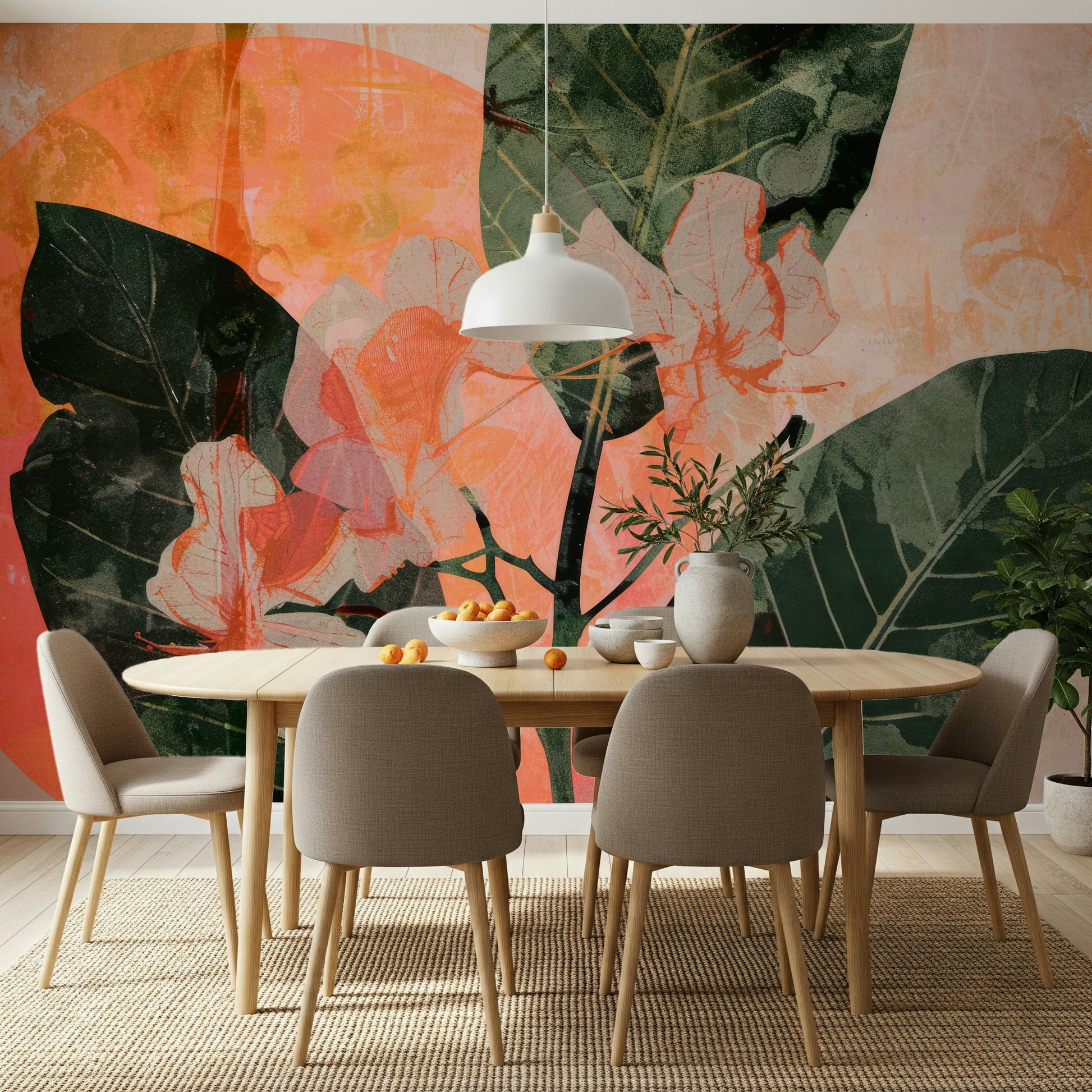 A contemplative floral pattern wallpaper mural for a feature wall.