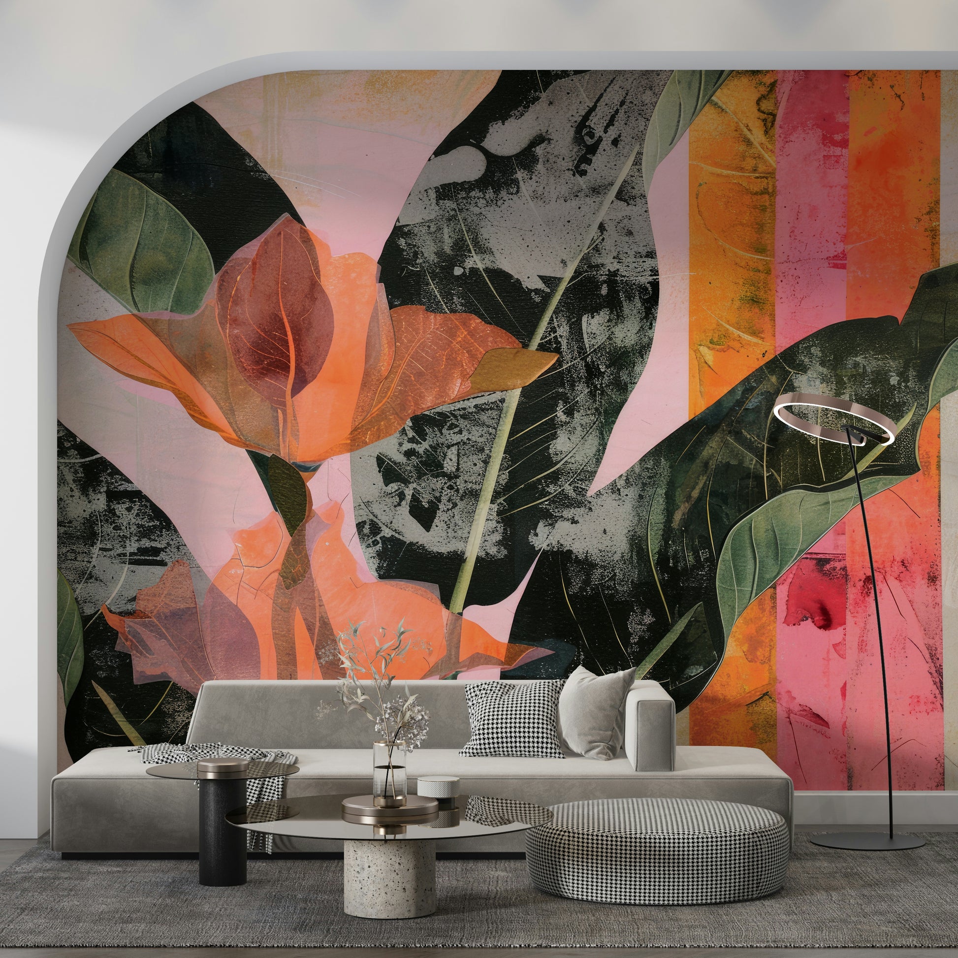 An artistic lush foliage mural on minimalist wallpaper.