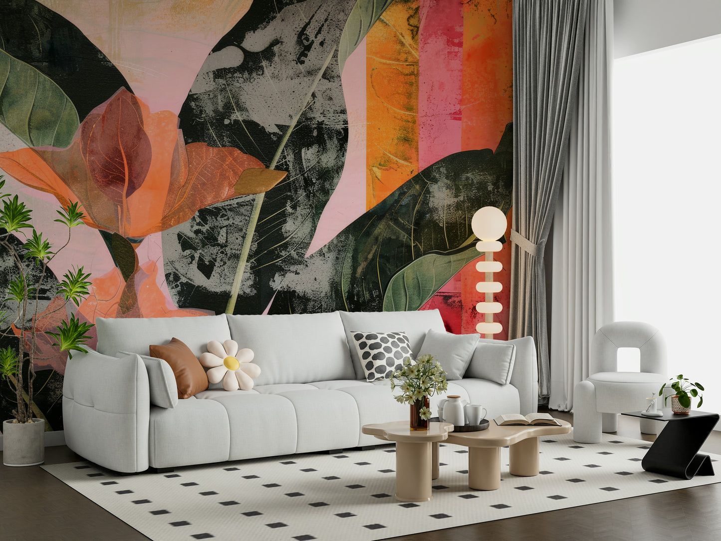 A contemplative leaf design wallpaper mural for a feature wall.