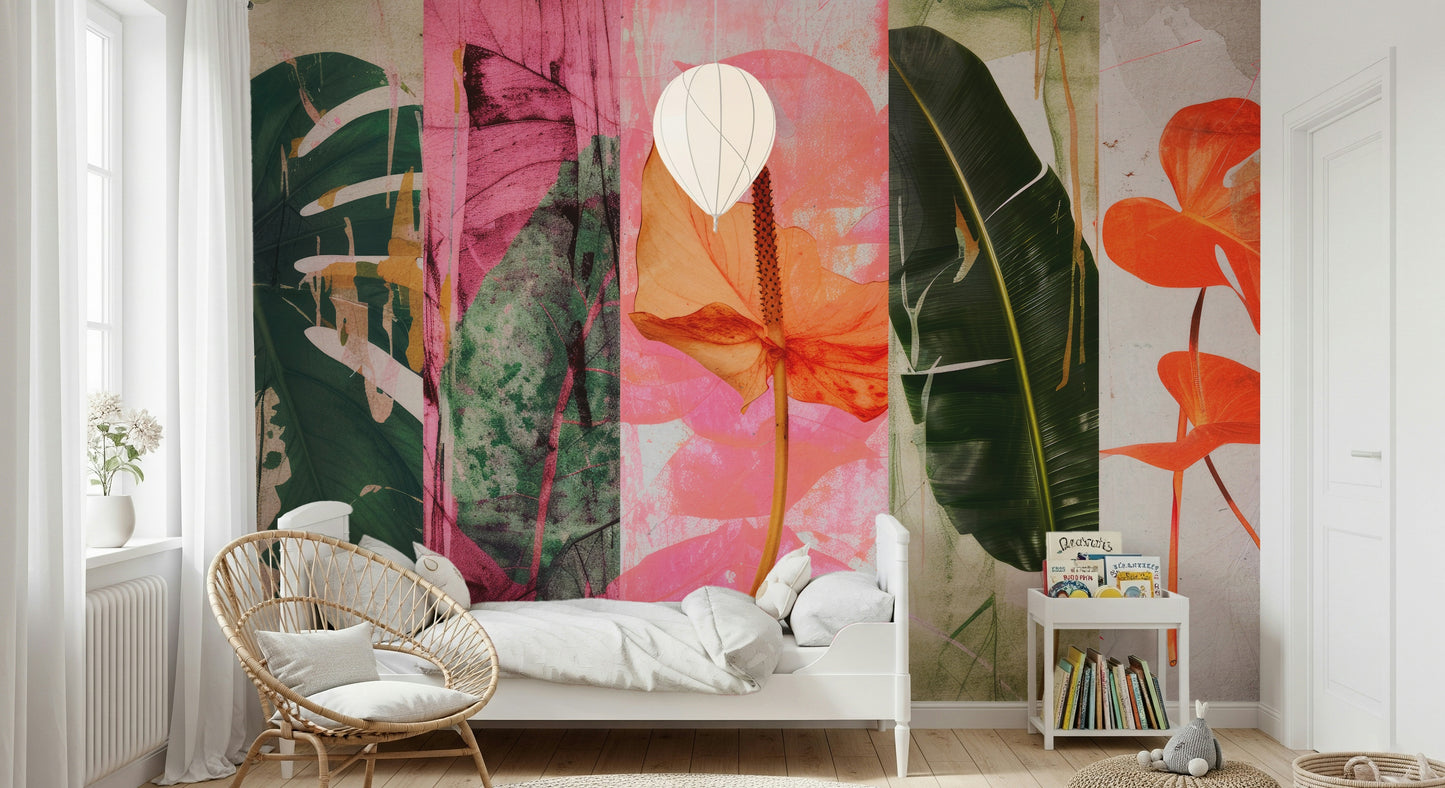 An artistic abstract garden mural on minimalist wallpaper.