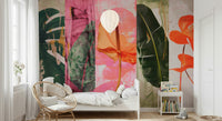 An artistic abstract garden mural on minimalist wallpaper.