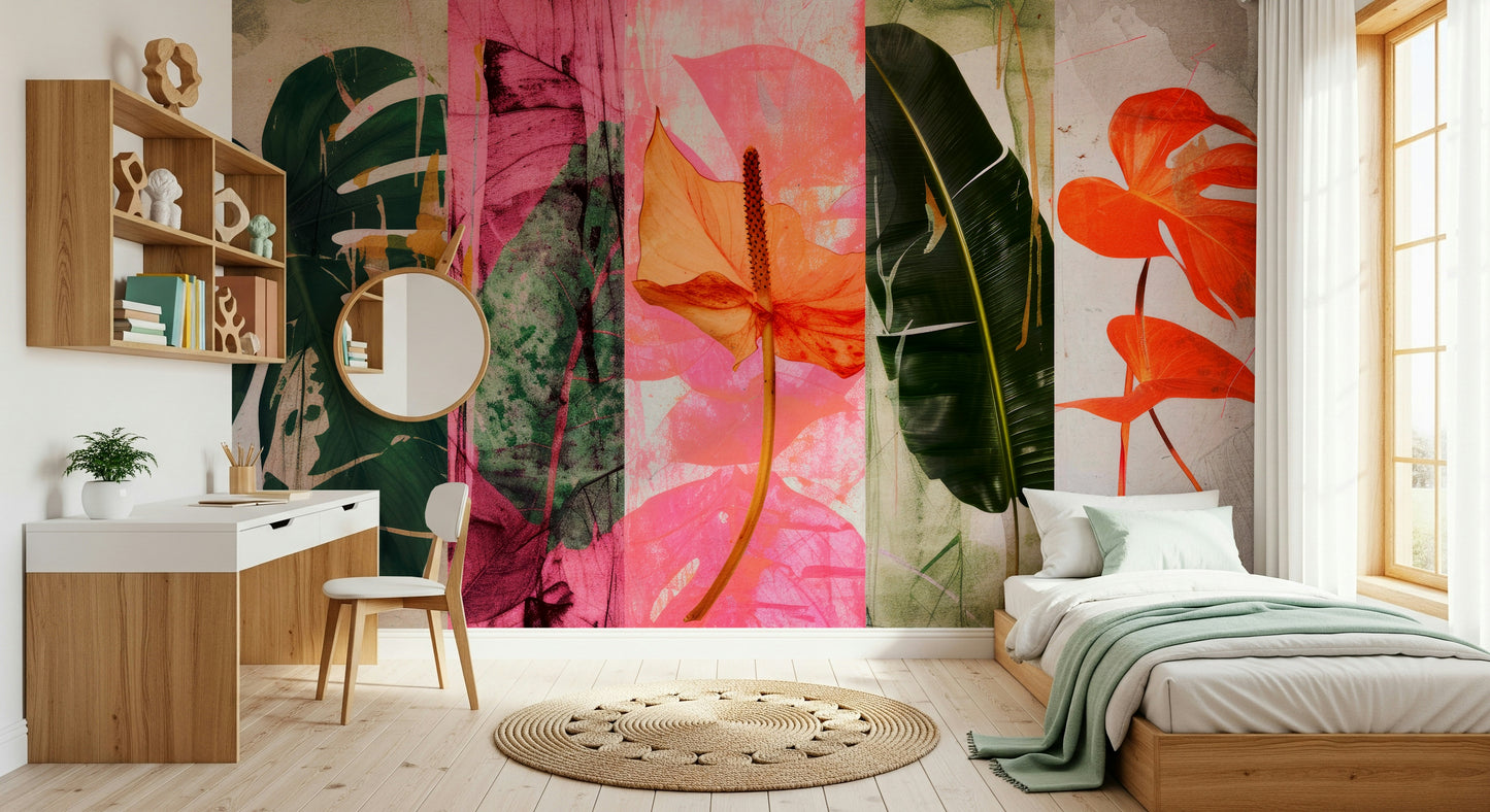 A beautiful vivid botanical wallpaper mural with patchwork design.