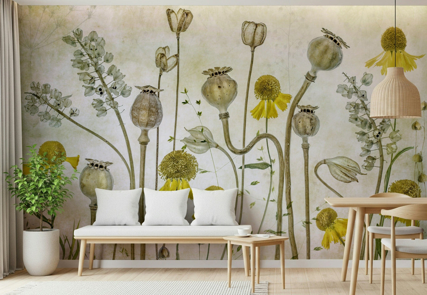 A beautiful botanical still life wallpaper mural for a modern home.