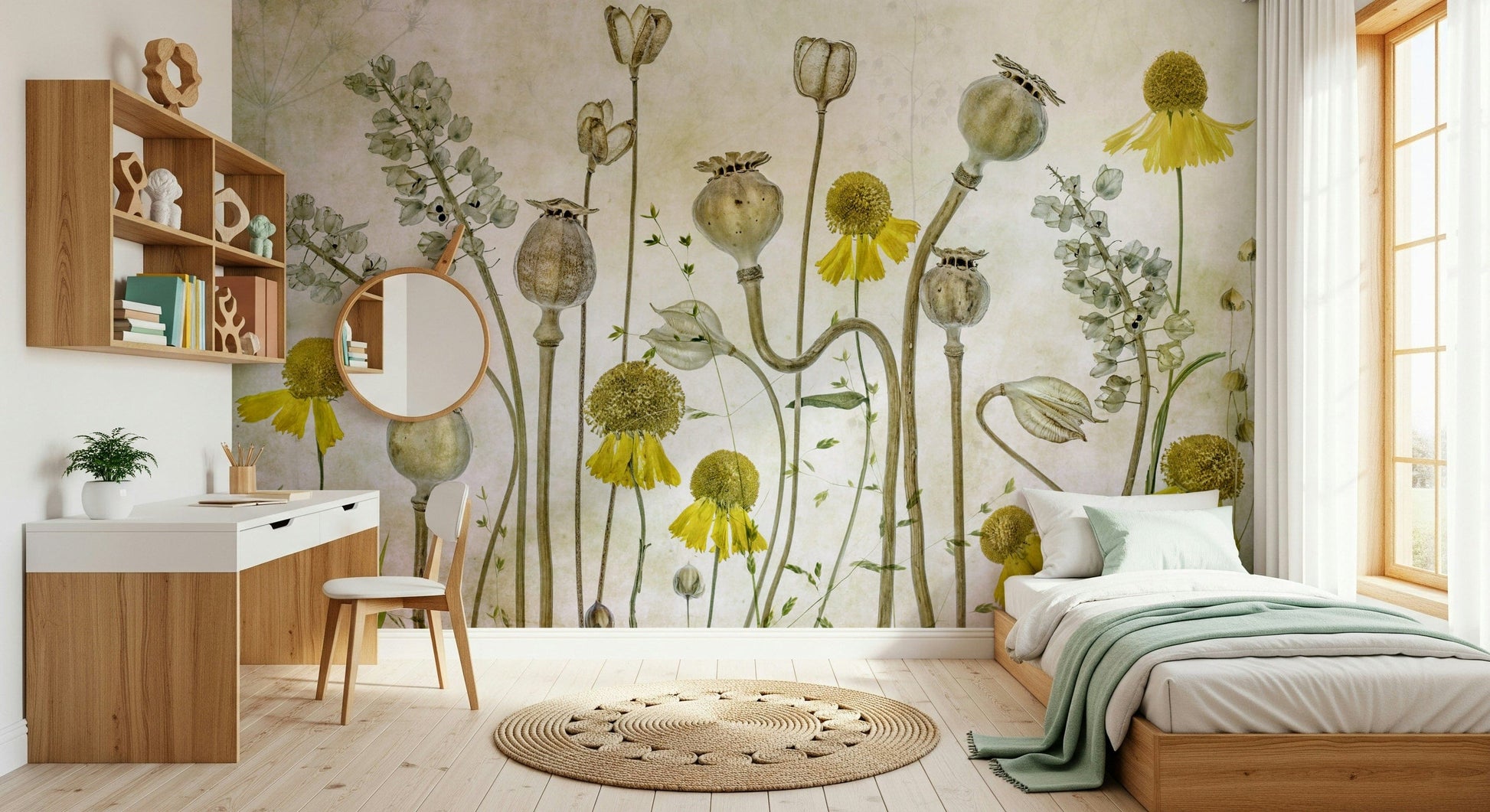 An artistic delicate bloom mural on minimalist wallpaper.