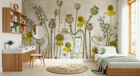 An artistic delicate bloom mural on minimalist wallpaper.