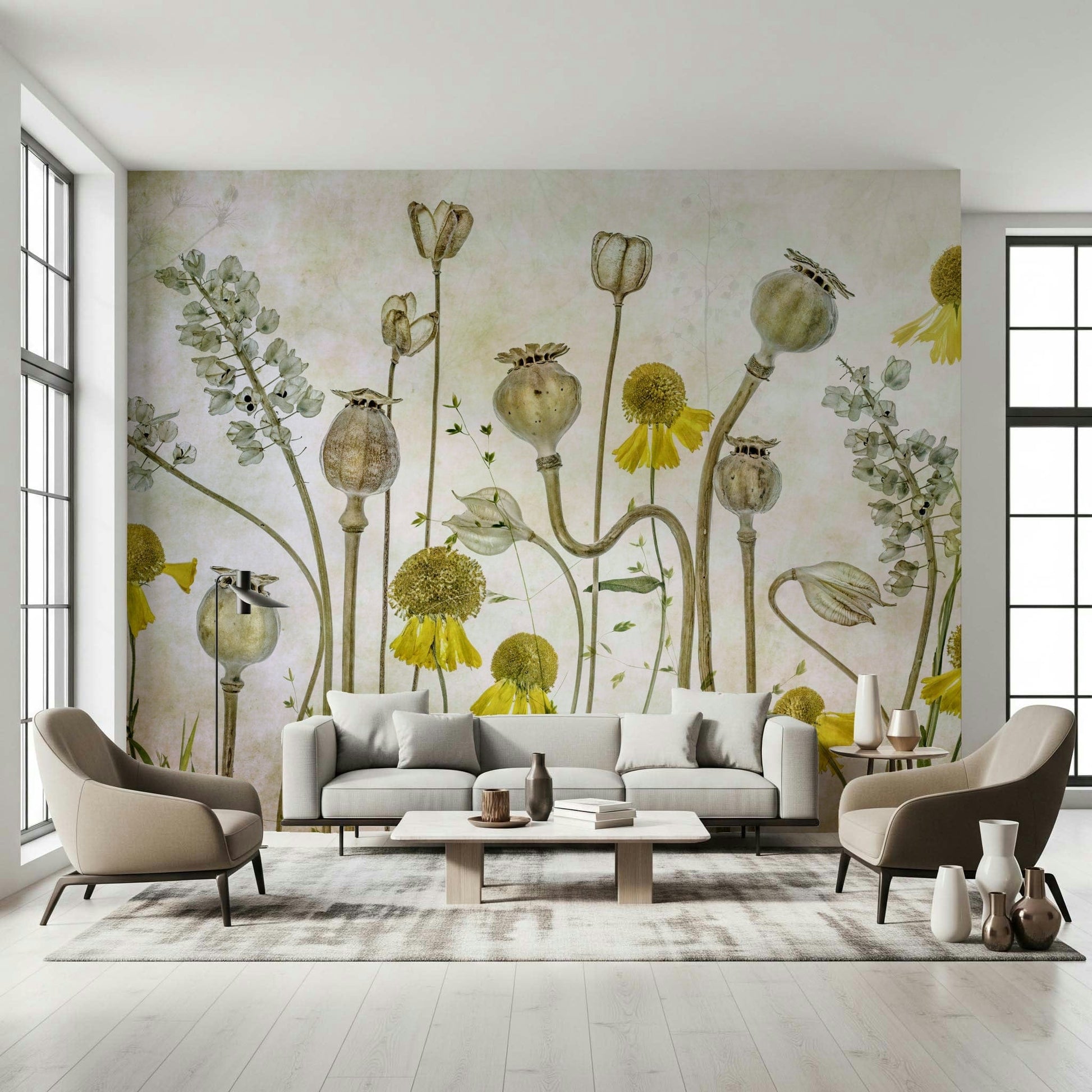 A graceful subtle flower wall mural in rich, dark tones.