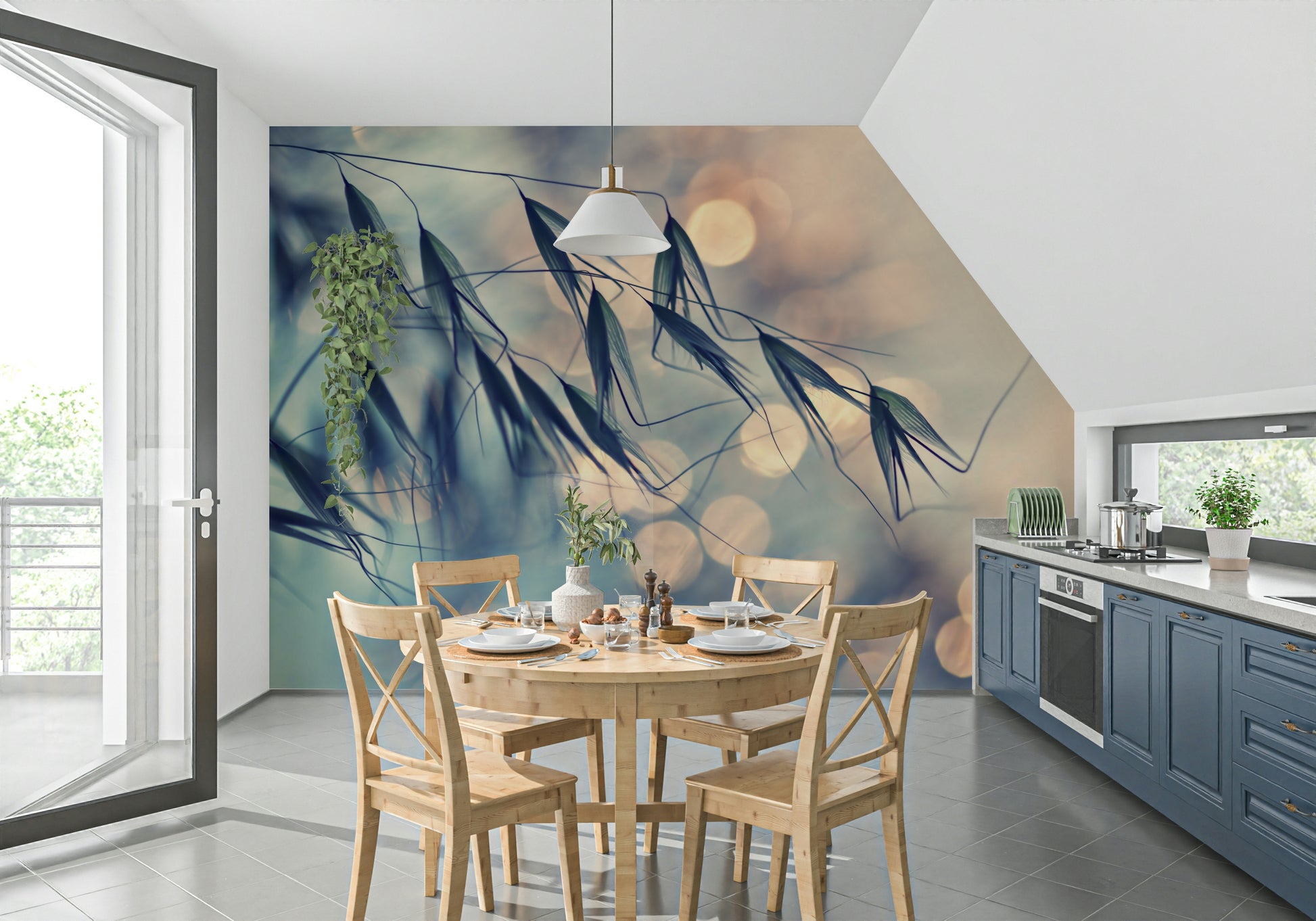 A serene subtle flower wall mural in warm, golden light.