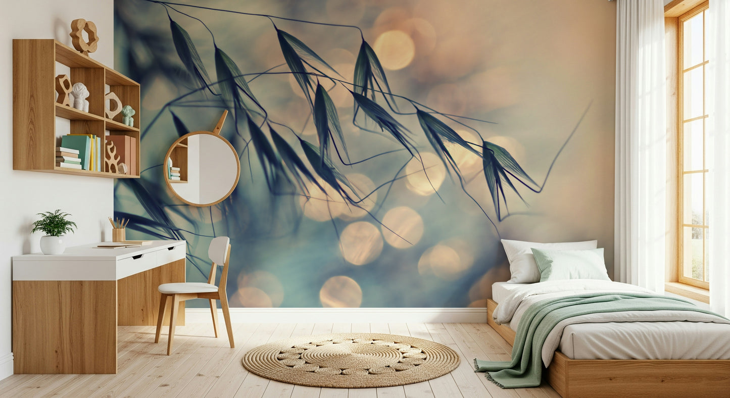 A graceful subtle flower wall mural in soft, elegant tones.