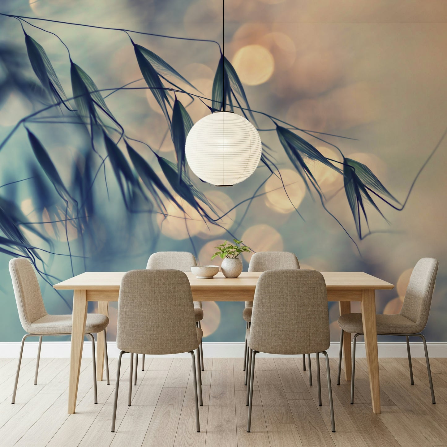 A beautiful golden hour floral wallpaper mural for a modern home.