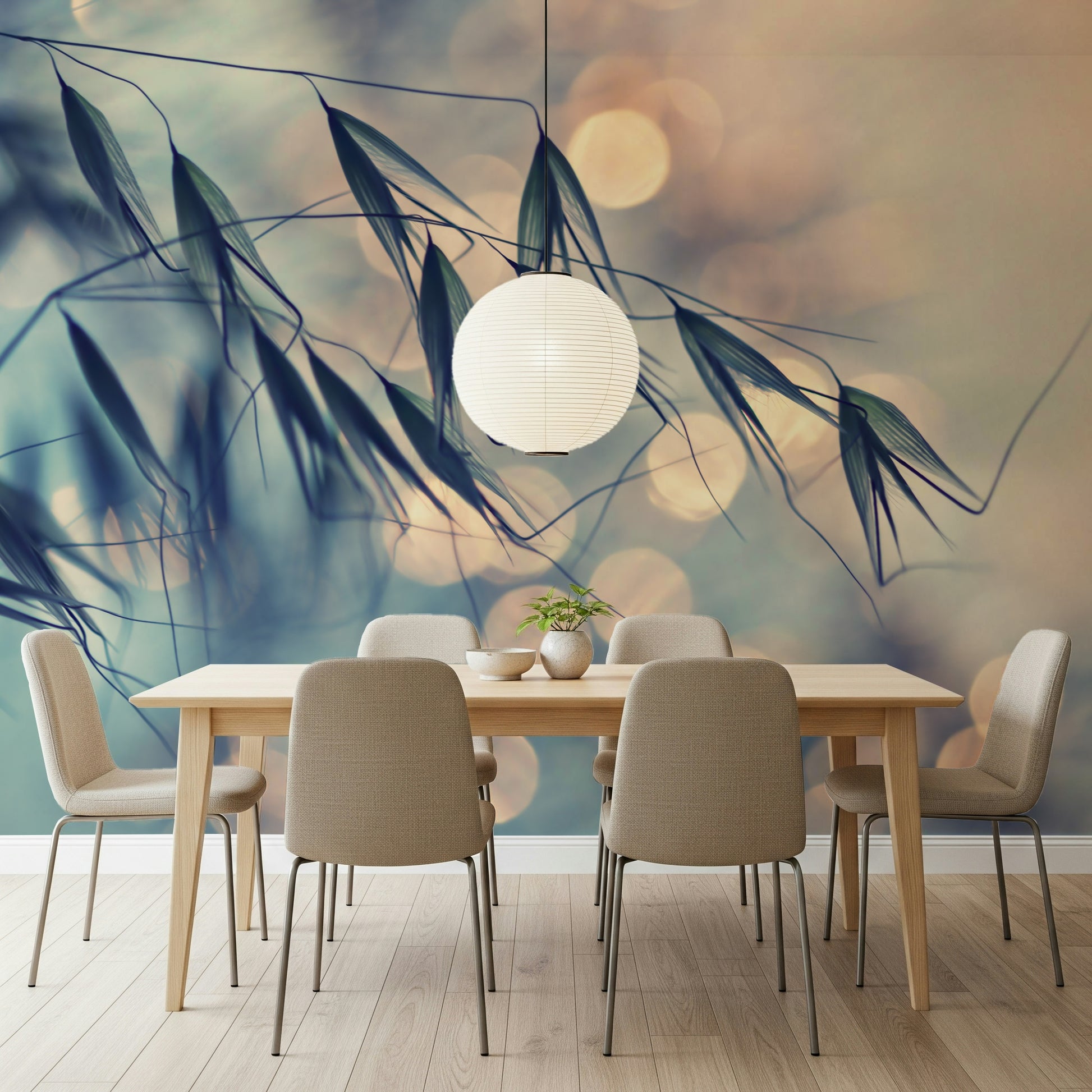 A beautiful golden hour floral wallpaper mural for a modern home.