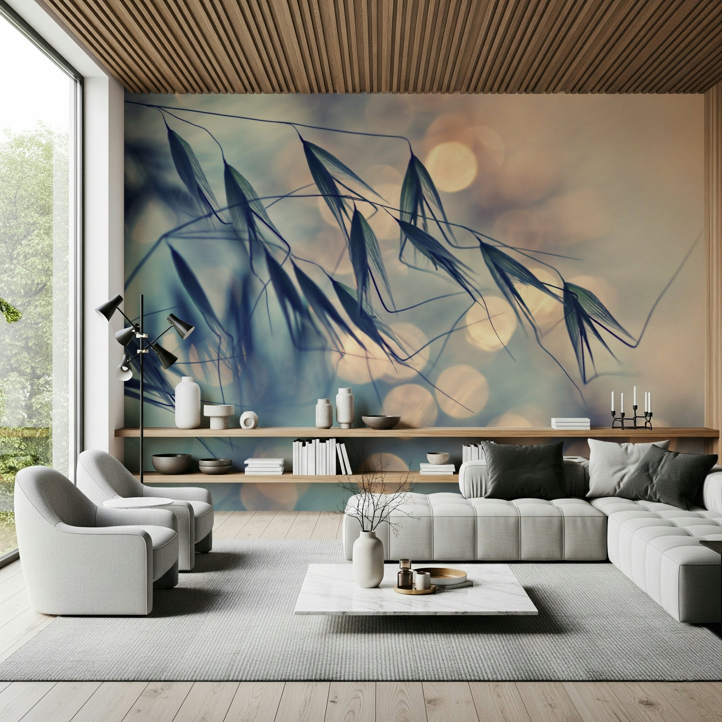 An artistic delicate bloom mural on minimalist wallpaper.