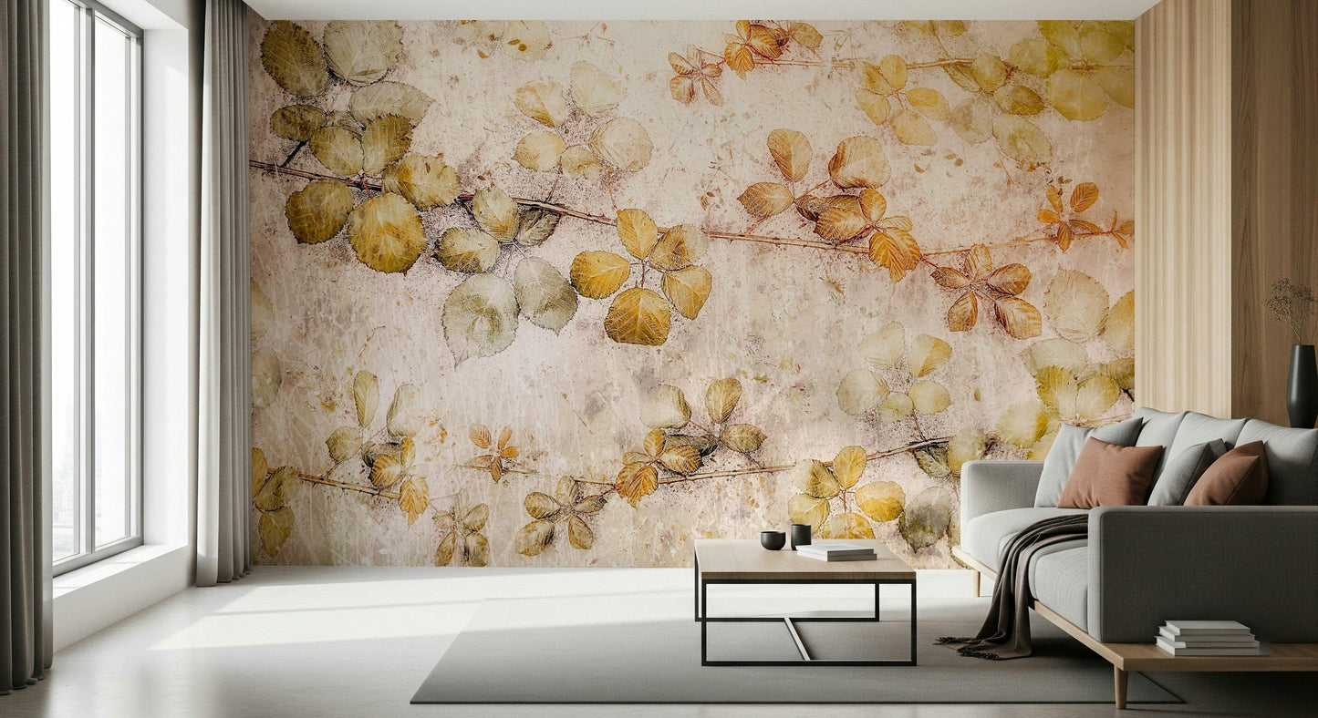 A beautiful modern art wall mural of gilded leaves.