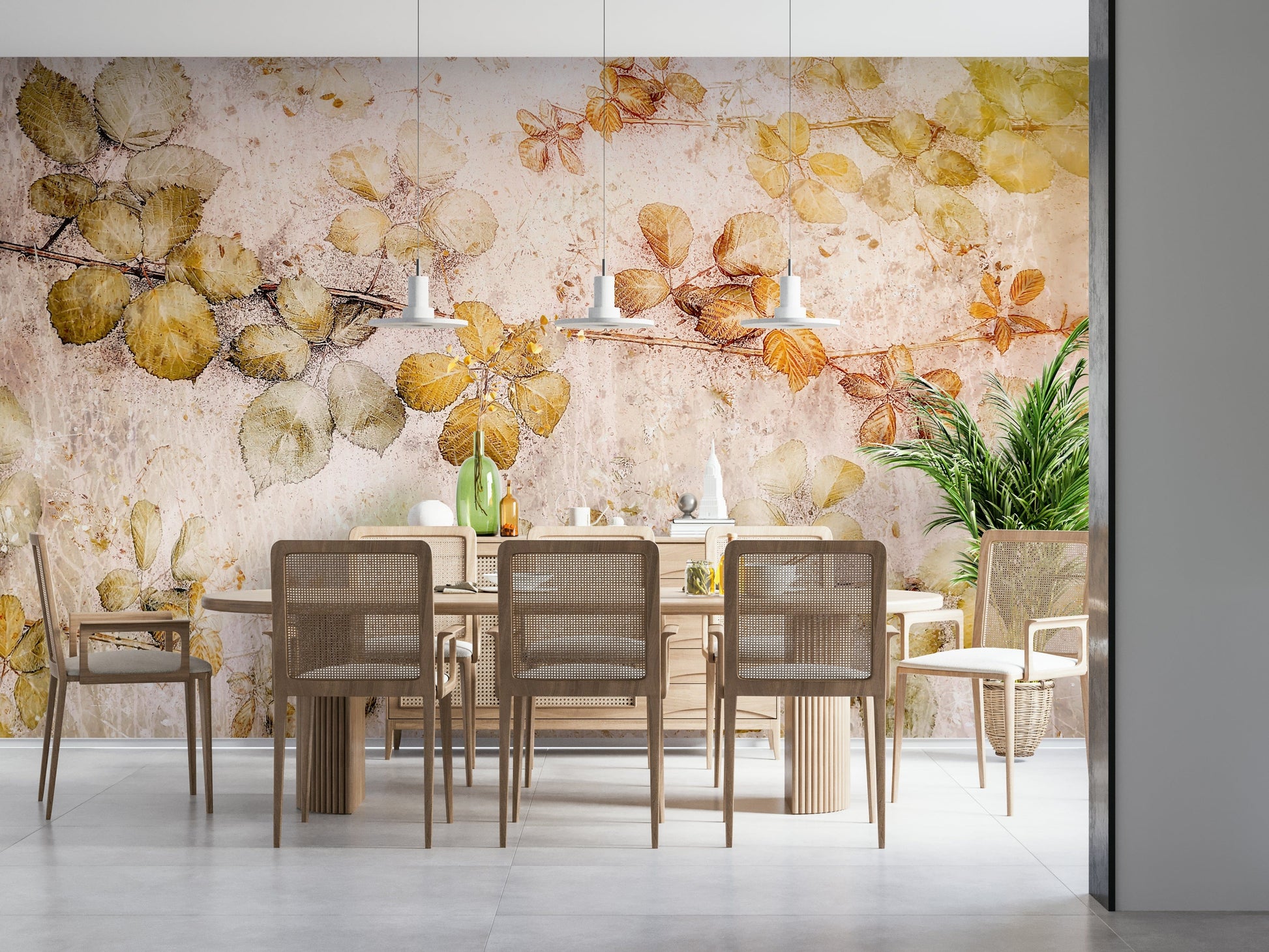 An artistic delicate leaf mural on minimalist wallpaper.