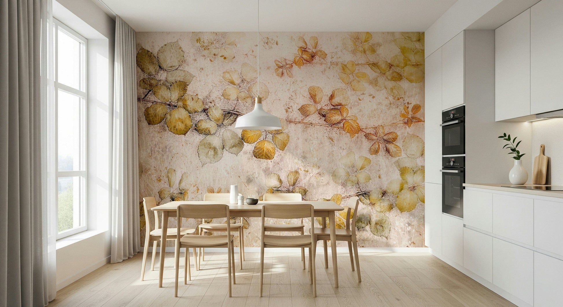 A contemplative golden pattern wallpaper mural for a feature wall.
