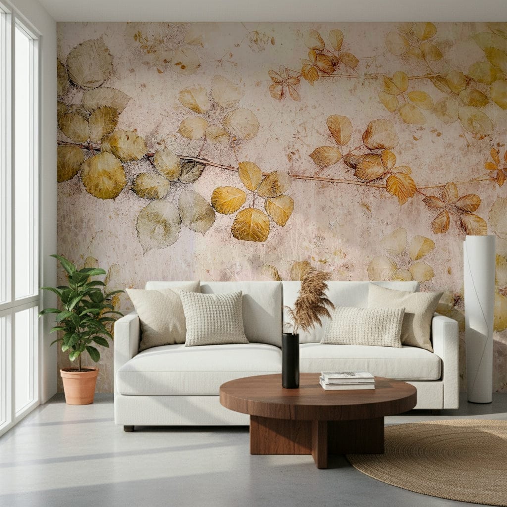 A beautiful golden leaf wallpaper mural for a modern home.