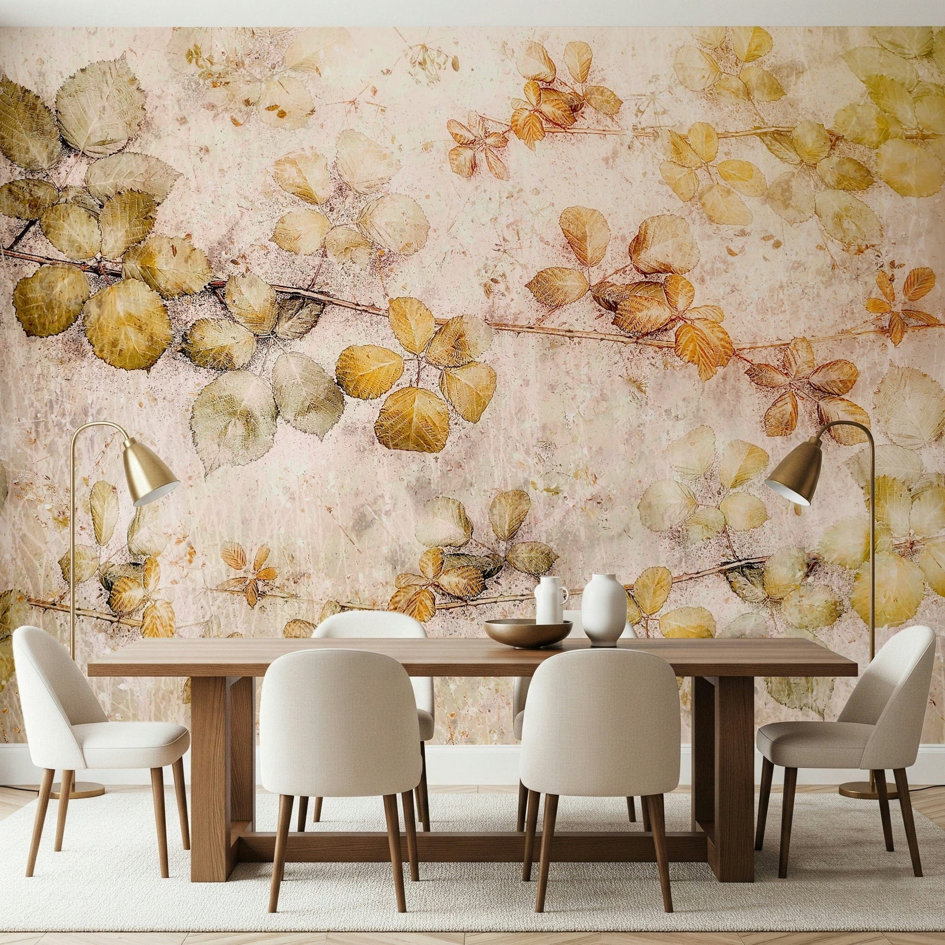 A calming foliage design wallpaper mural that defines a space.