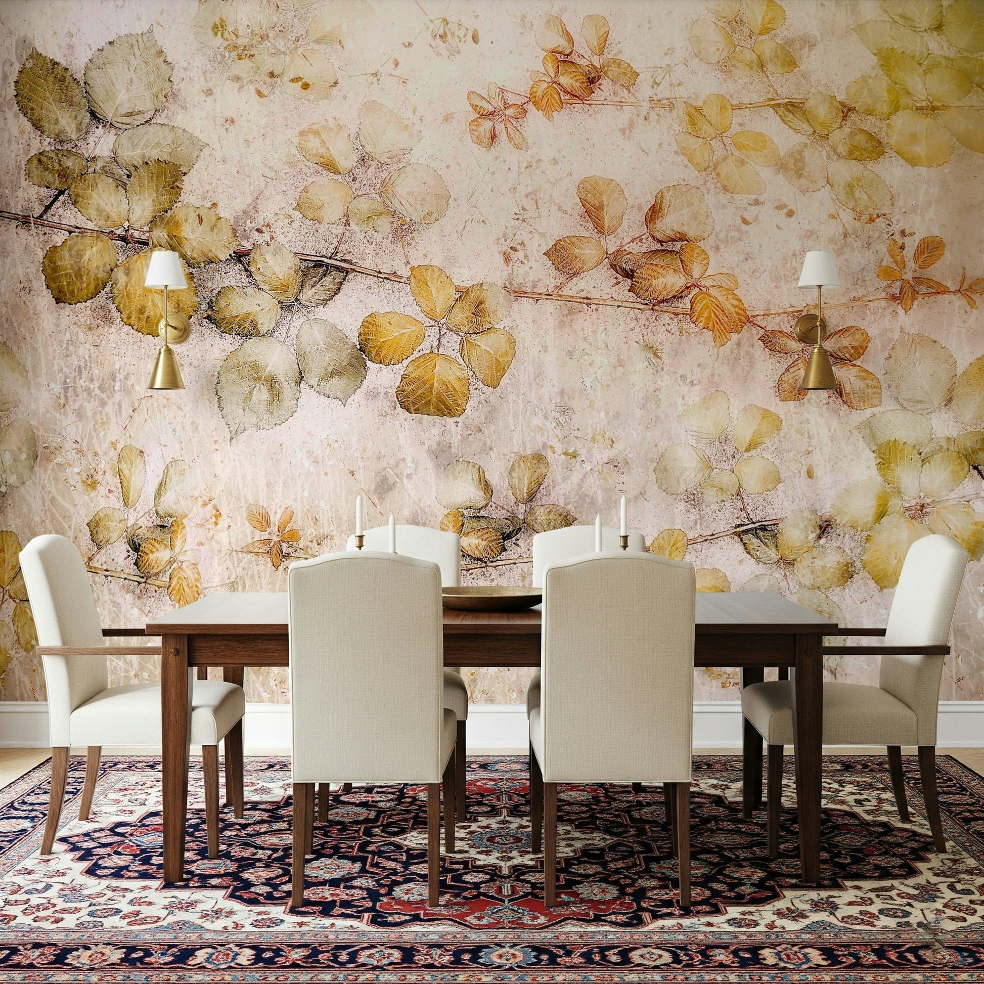 A graceful subtle leaf wall mural in soft, golden tones.