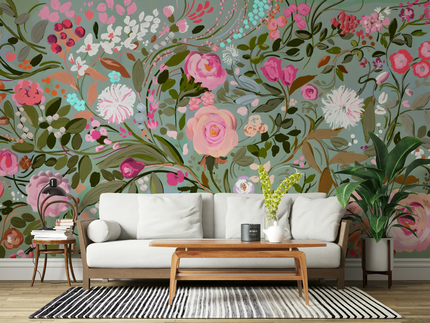 A graceful subtle flower wall mural in soft, elegant tones.