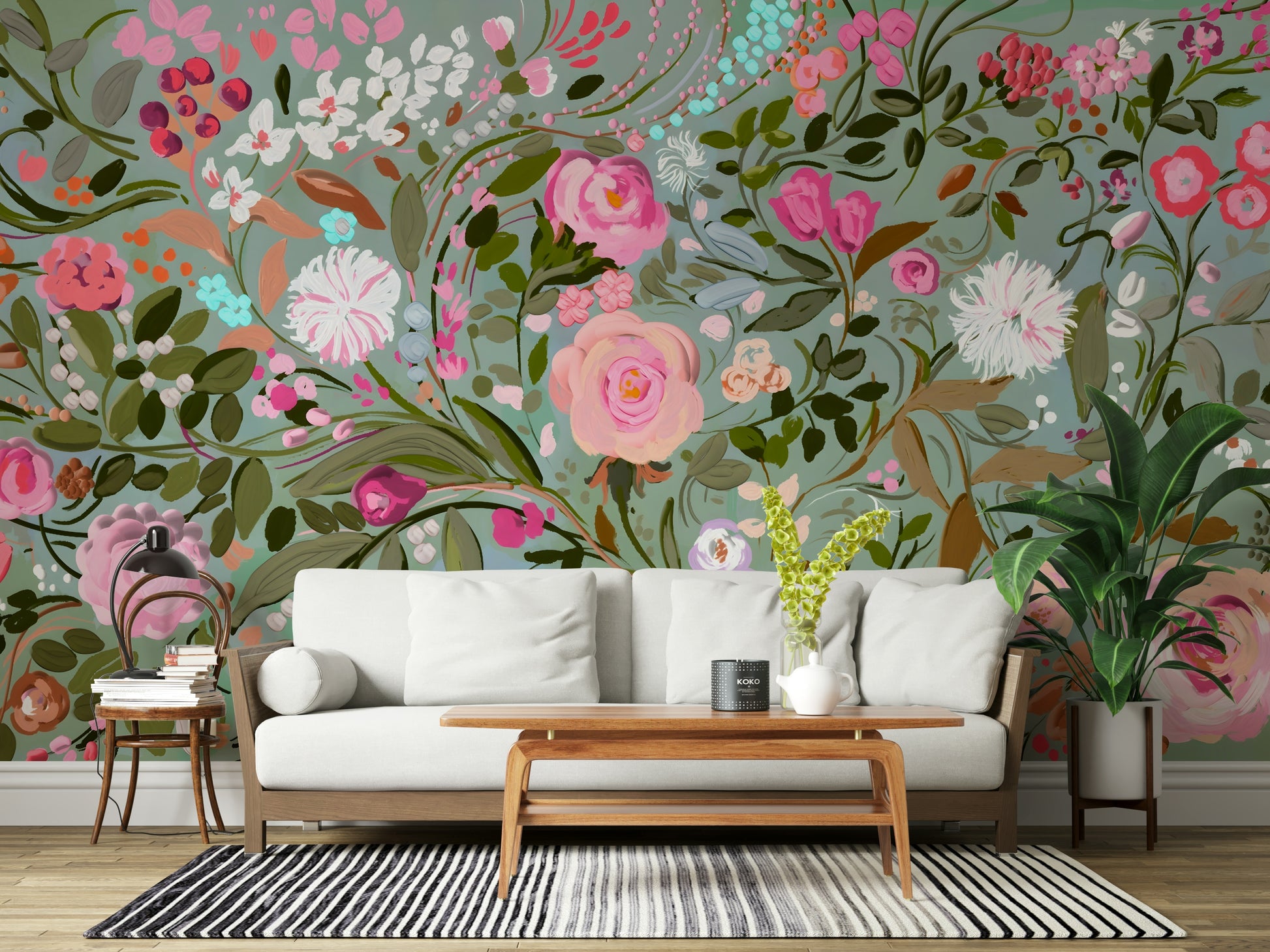A graceful subtle flower wall mural in soft, elegant tones.