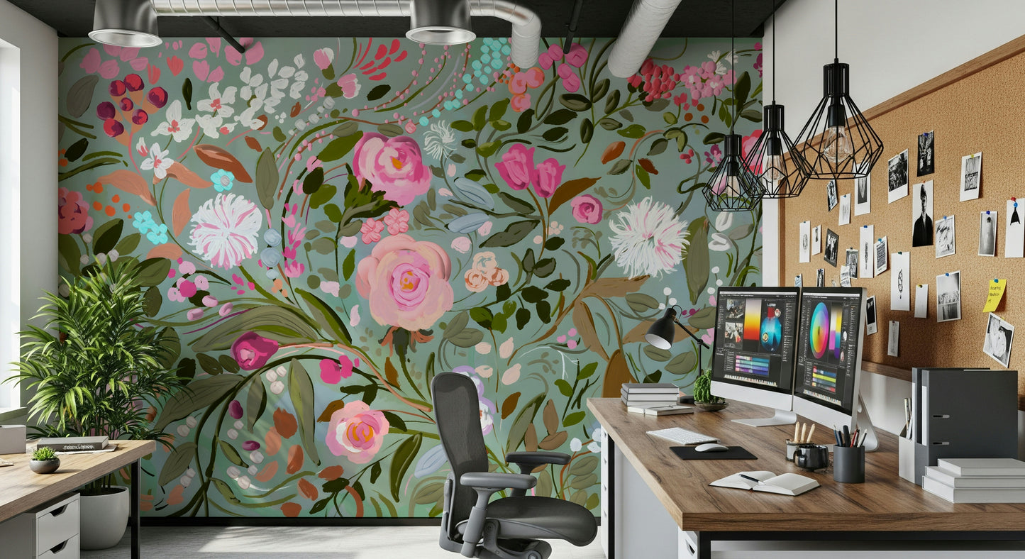 A calming floral design wallpaper mural that defines a space.