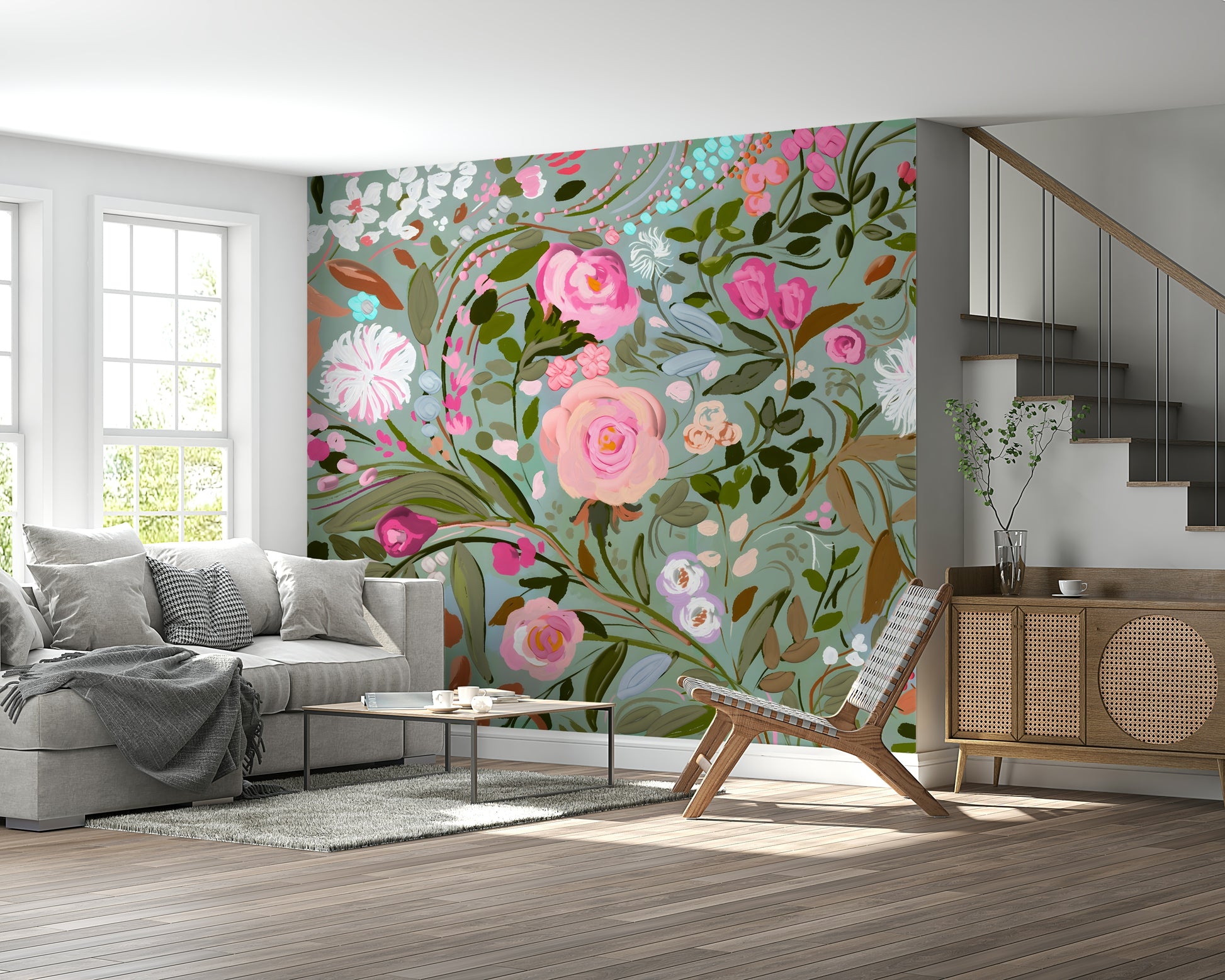 A contemplative floral pattern wallpaper mural for a feature wall.