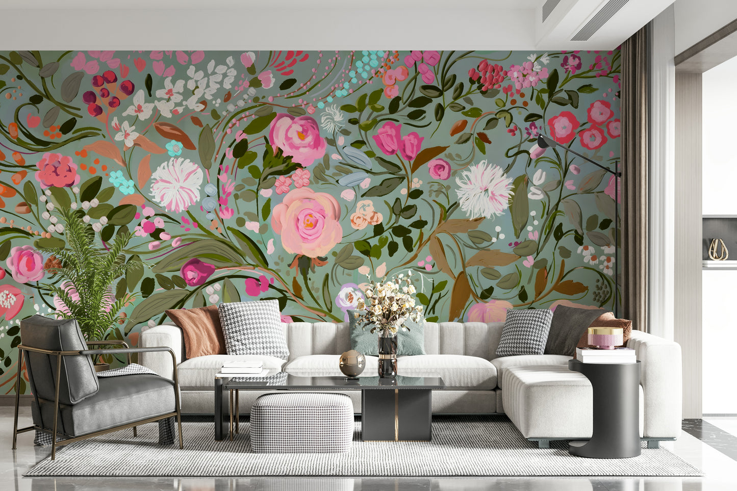 A peaceful flower design mural on decorative wallpaper.
