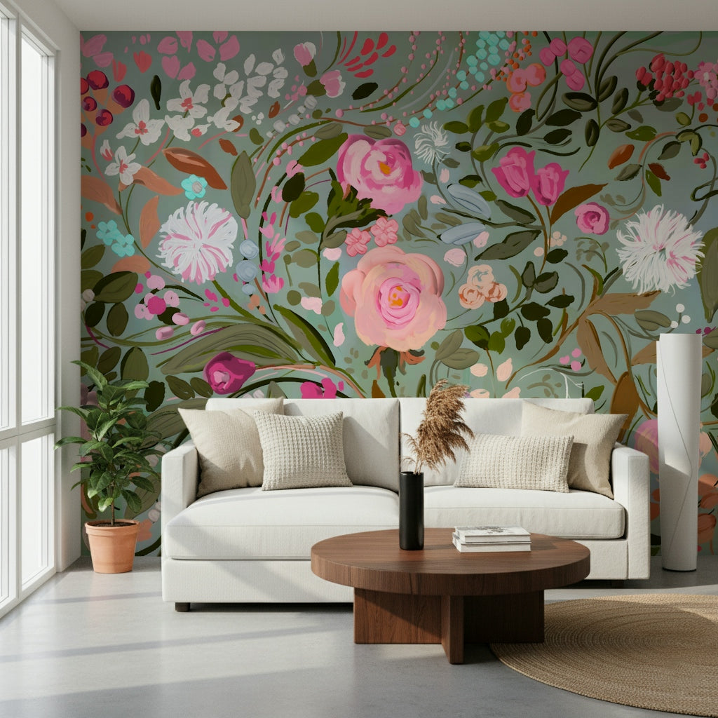 A beautiful modern art wall mural of delicate flowers.