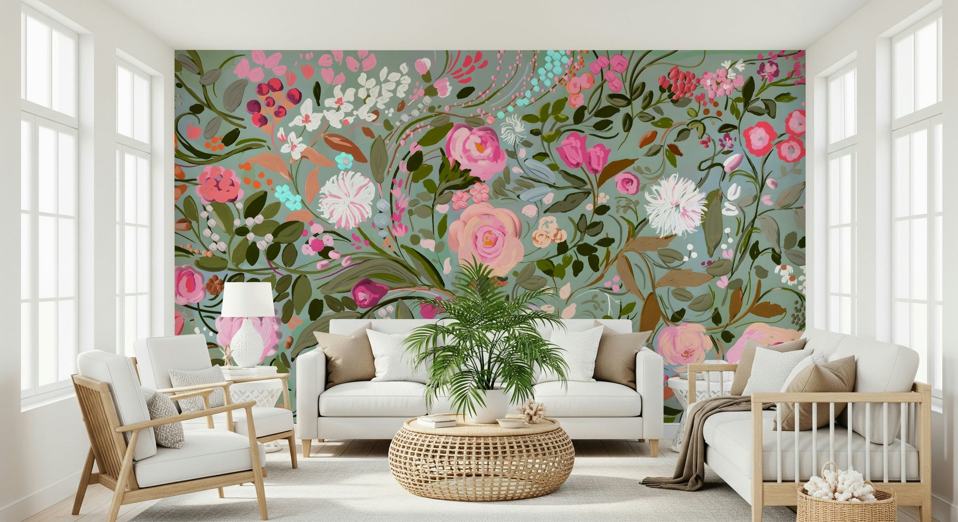 An artistic watercolor bloom mural on minimalist wallpaper.