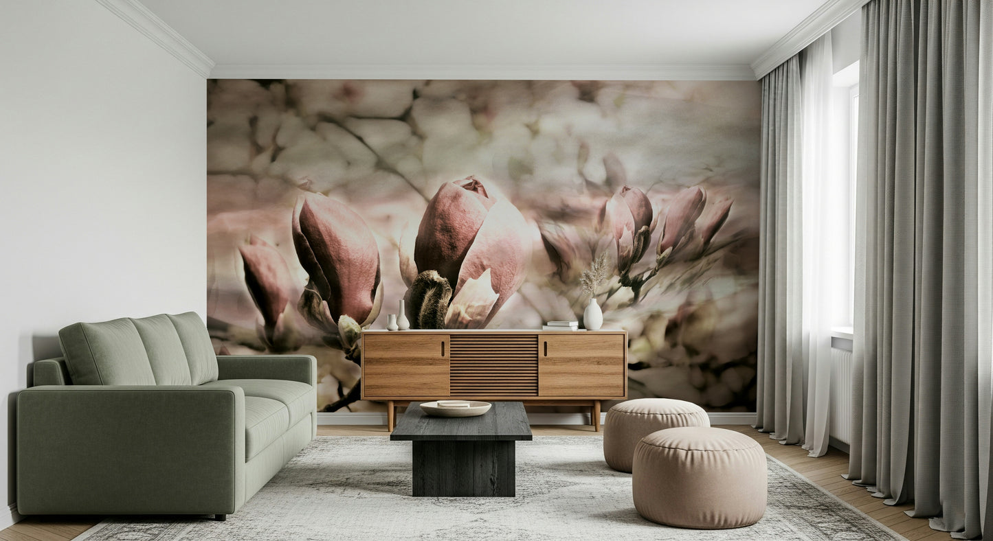 An artistic delicate magnolia mural on minimalist wallpaper.