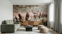 An artistic delicate magnolia mural on minimalist wallpaper.