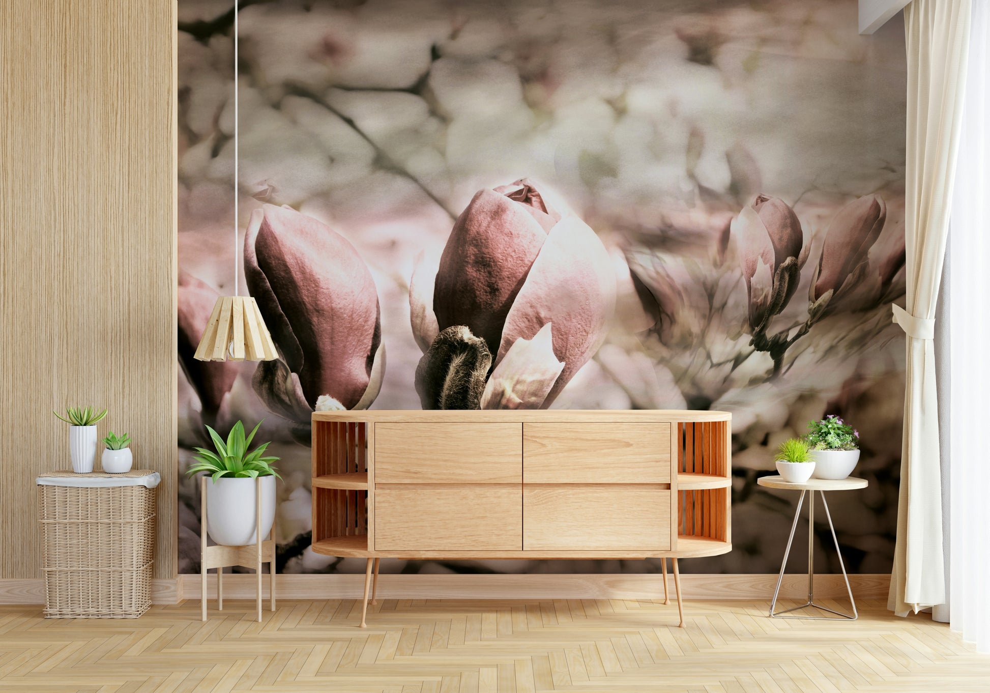 A contemplative floral pattern wallpaper mural for a feature wall.