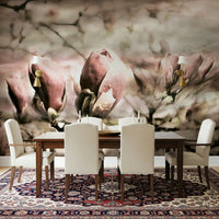 A graceful subtle bloom wall mural in soft, elegant tones.