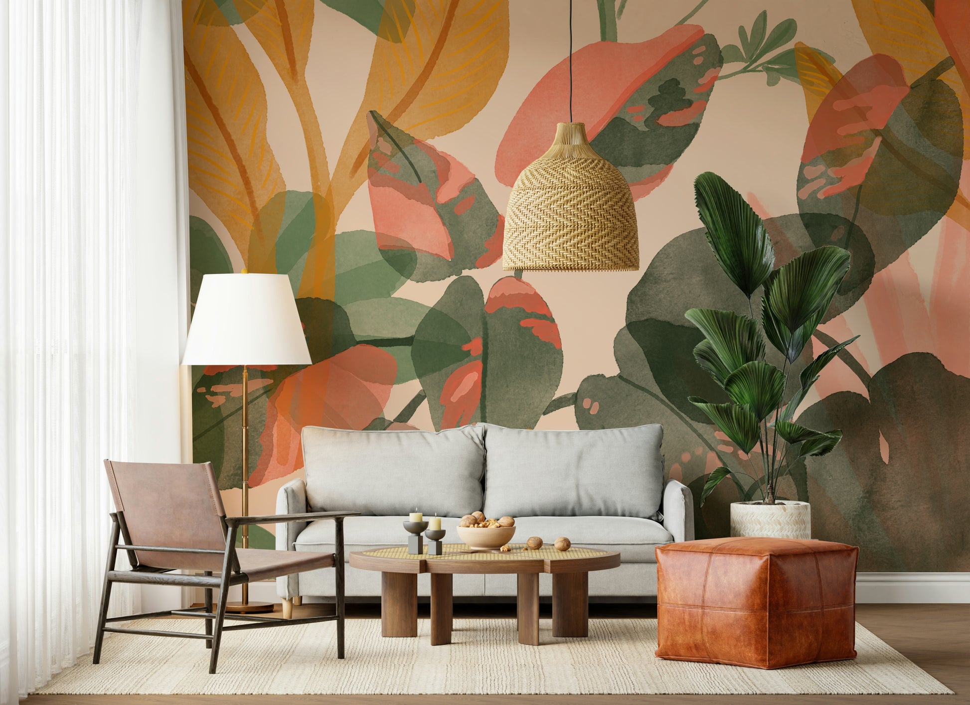A beautiful modern art wall mural of plant leaves.
