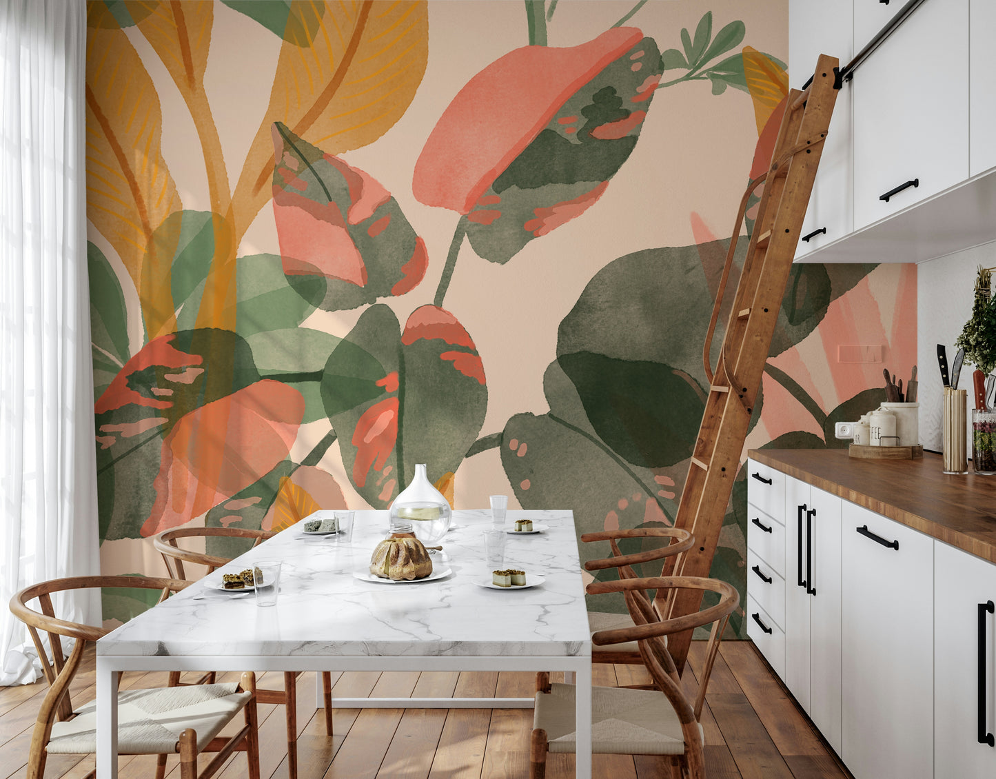 A contemplative leaf design wallpaper mural for a feature wall.