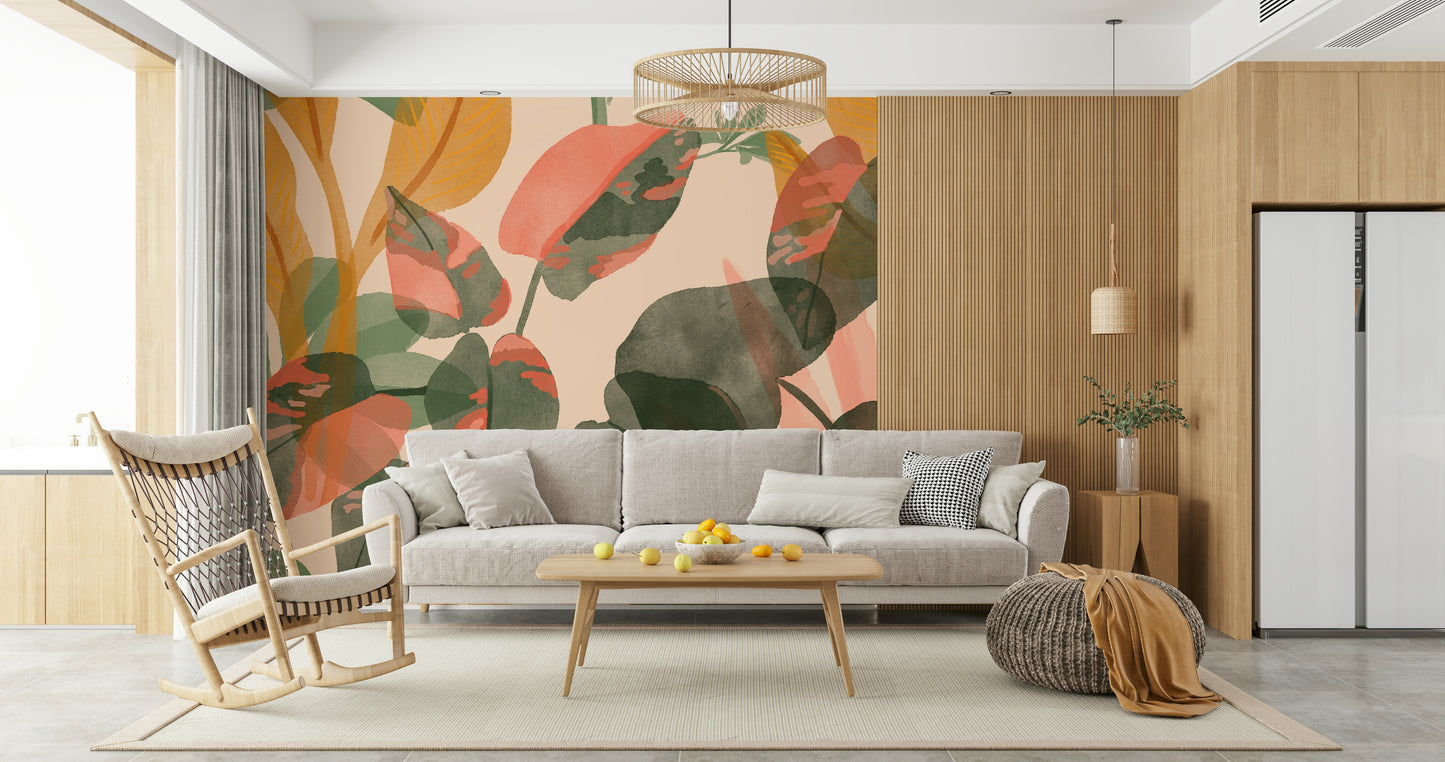 A calming foliage design wallpaper mural that defines a space.