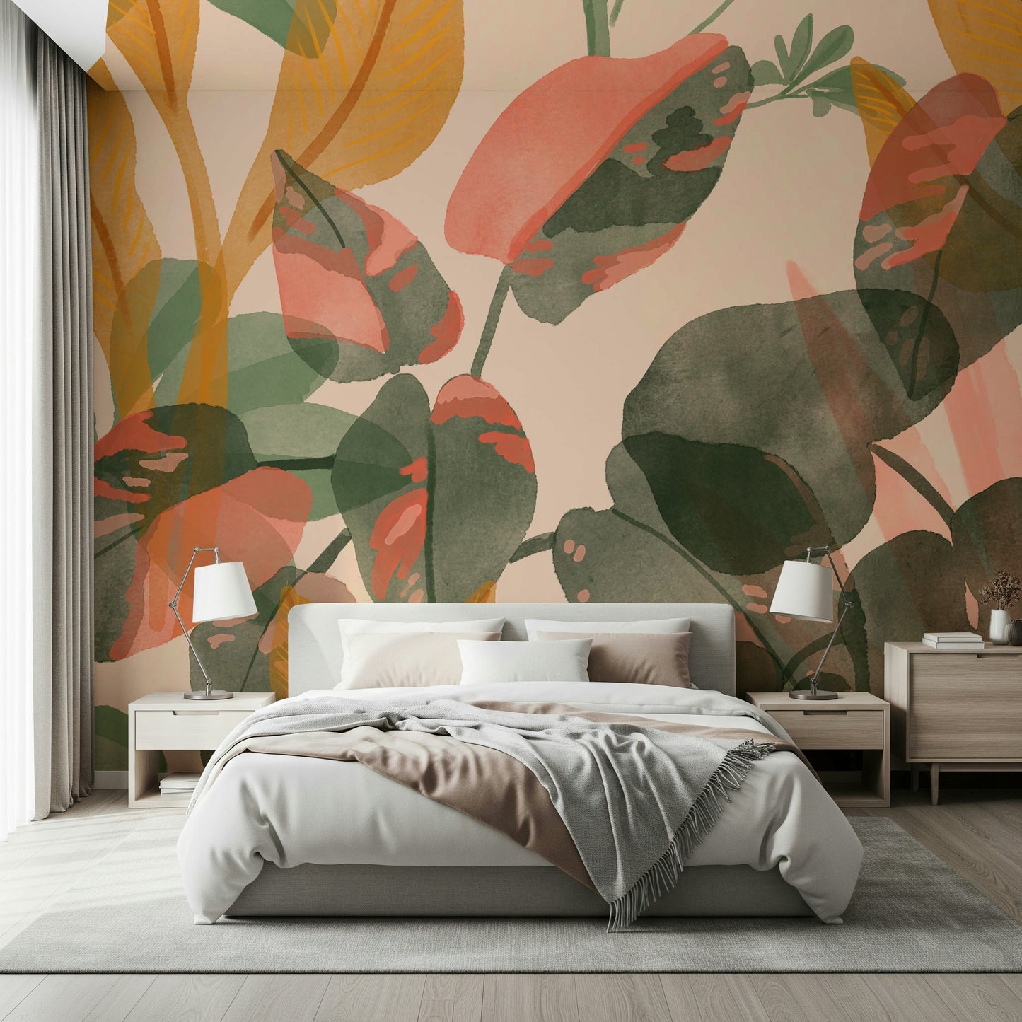 An artistic lush foliage mural on minimalist wallpaper.