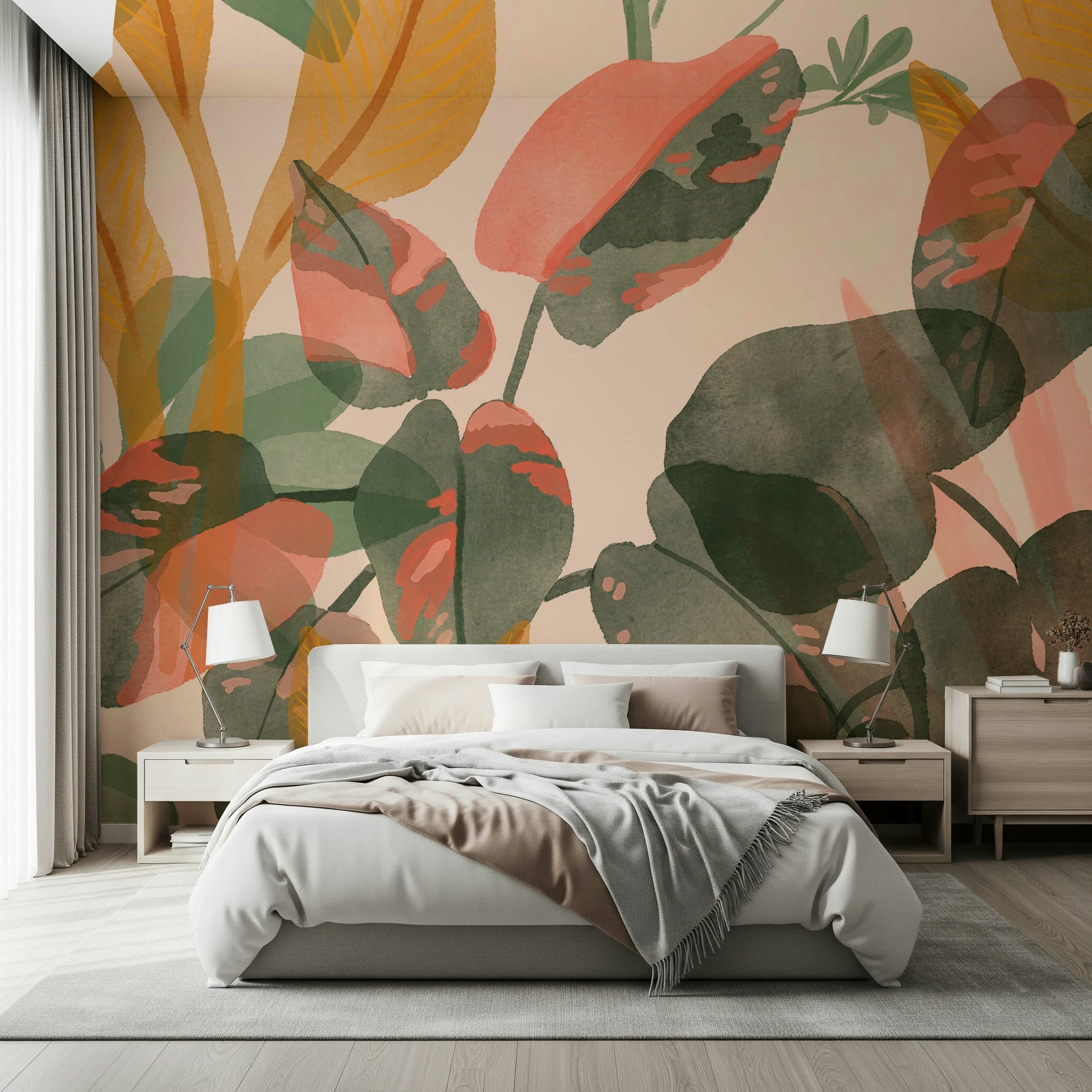 An artistic lush foliage mural on minimalist wallpaper.