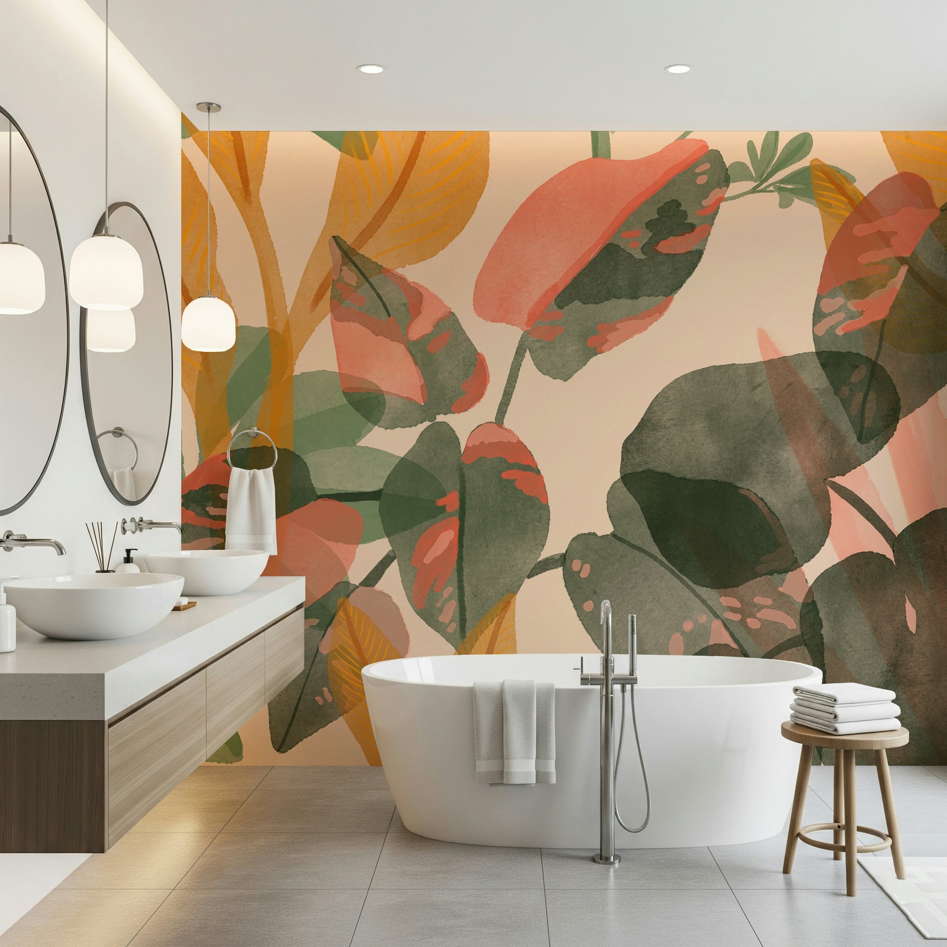 A peaceful botanical pattern mural on decorative wallpaper.