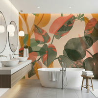 A peaceful botanical pattern mural on decorative wallpaper.