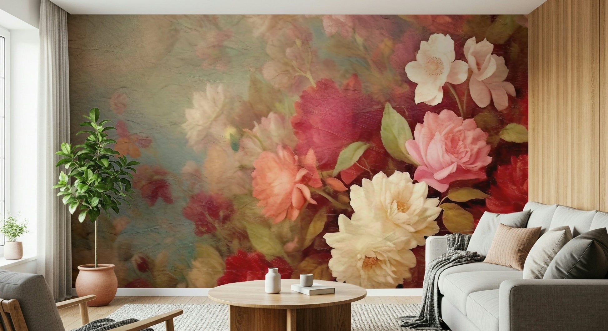 A peaceful flower cascade mural on decorative wallpaper.